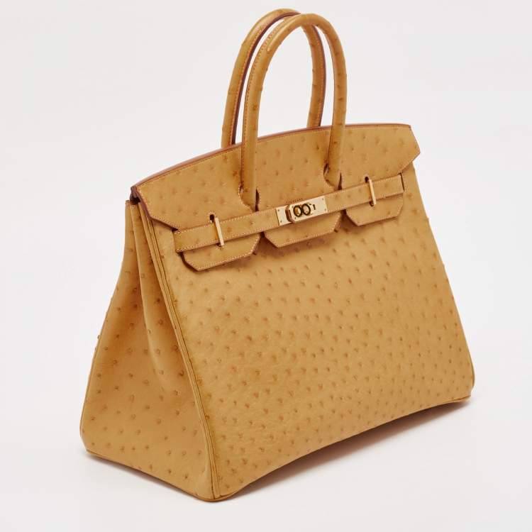 Pre Owned Hermes Saffron Ostrich Gold Finish Birkin 35 Bag