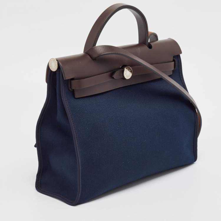 Pre Owned Hermes Bleu Marine/Ebene Toile Canvas and Vache Hunter Leather Herbag Zip 31 Bag