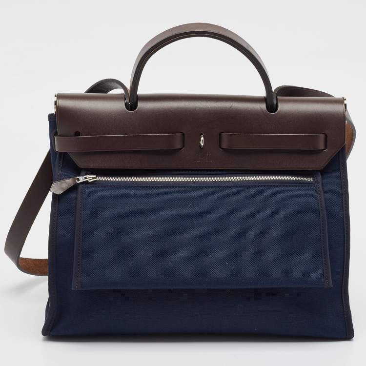 Pre Owned Hermes Bleu Marine/Ebene Toile Canvas and Vache Hunter Leather Herbag Zip 31 Bag