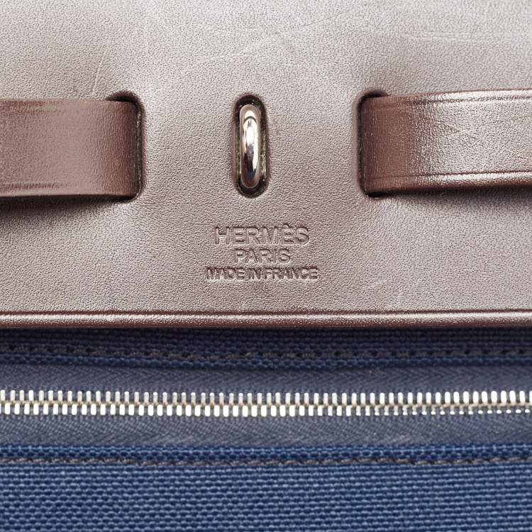 Pre Owned Hermes Bleu Marine/Ebene Toile Canvas and Vache Hunter Leather Herbag Zip 31 Bag