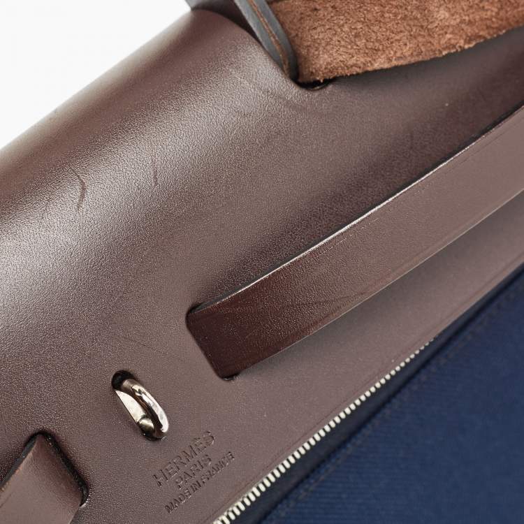 Pre Owned Hermes Bleu Marine/Ebene Toile Canvas and Vache Hunter Leather Herbag Zip 31 Bag