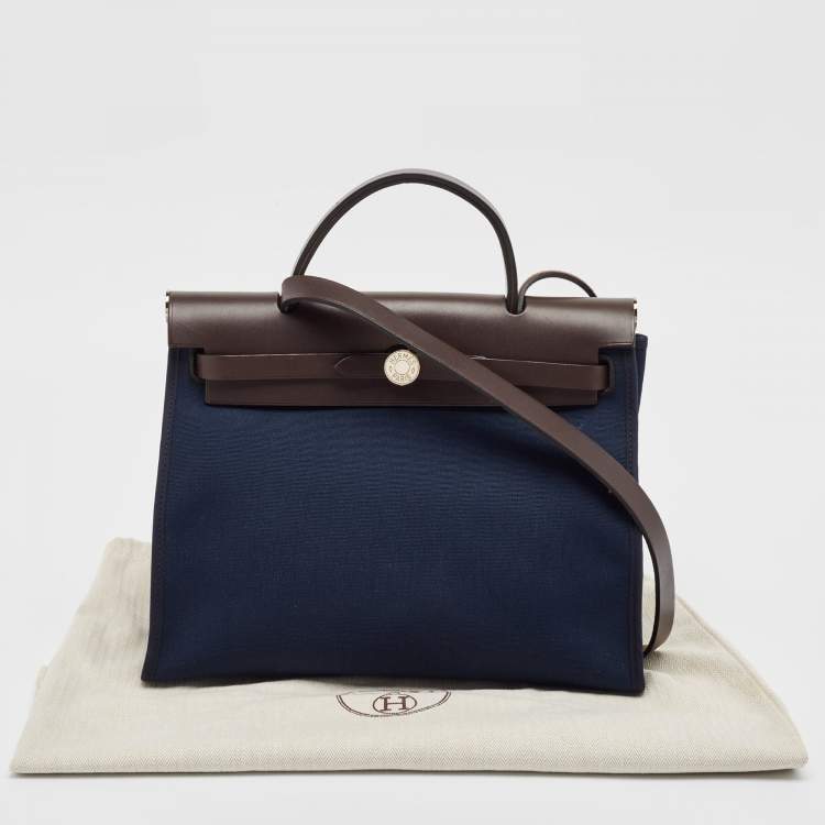 Pre Owned Hermes Bleu Marine/Ebene Toile Canvas and Vache Hunter Leather Herbag Zip 31 Bag