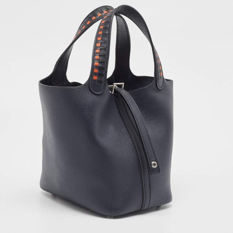 Pre Owned Hermès Bleu Indigo/Terre Battue/Noir Epsom Leather Picotin Lock Tressage 18 Bag