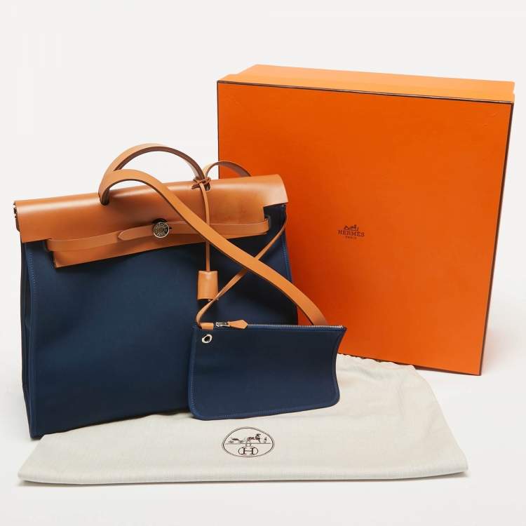 Pre Owned Hermes Bleu De Malte/Natural Toile and Vache Hunter Herbag Zip 39 Bag