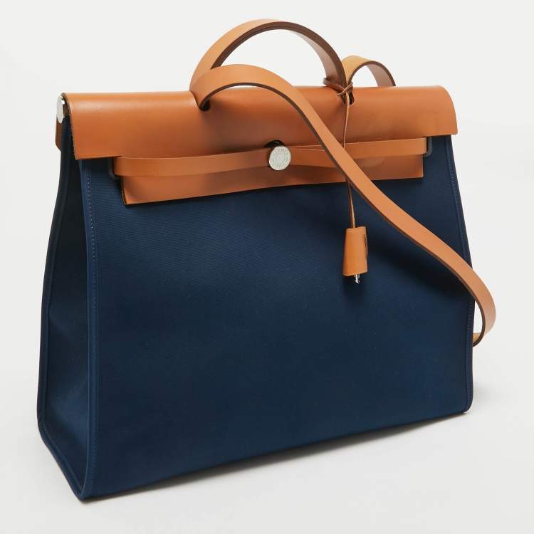 Pre Owned Hermes Bleu De Malte/Natural Toile and Vache Hunter Herbag Zip 39 Bag