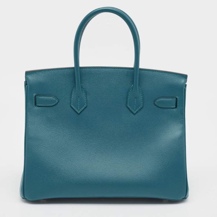 Pre Owned Hermes Bleu De Galice Epsom Leather Palladium Finish Birkin 30 Bag