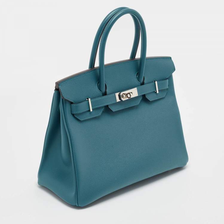 Pre Owned Hermes Bleu De Galice Epsom Leather Palladium Finish Birkin 30 Bag