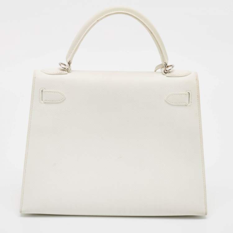 Pre Owned Hermes Blanc Epsom Leather Palladium Finish Kelly Sellier 28 Bag