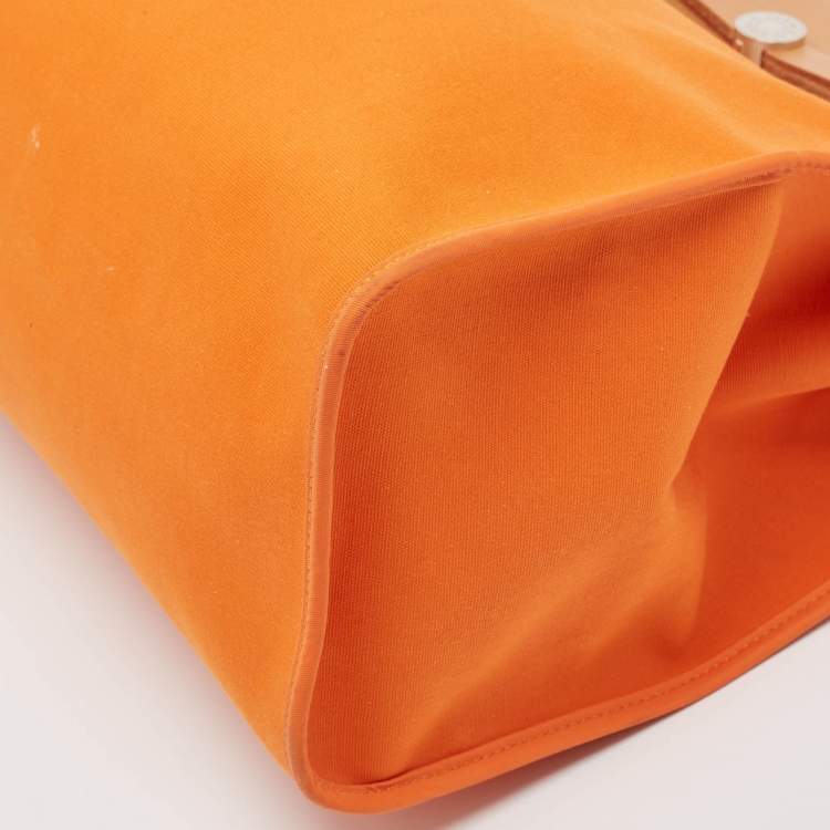 Pre Owned Hermes Orange/Natural Toile and Vache Hunter Leather Herbag Zip 39 Bag