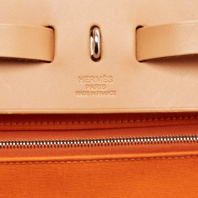 Pre Owned Hermes Orange/Natural Toile and Vache Hunter Leather Herbag Zip 39 Bag