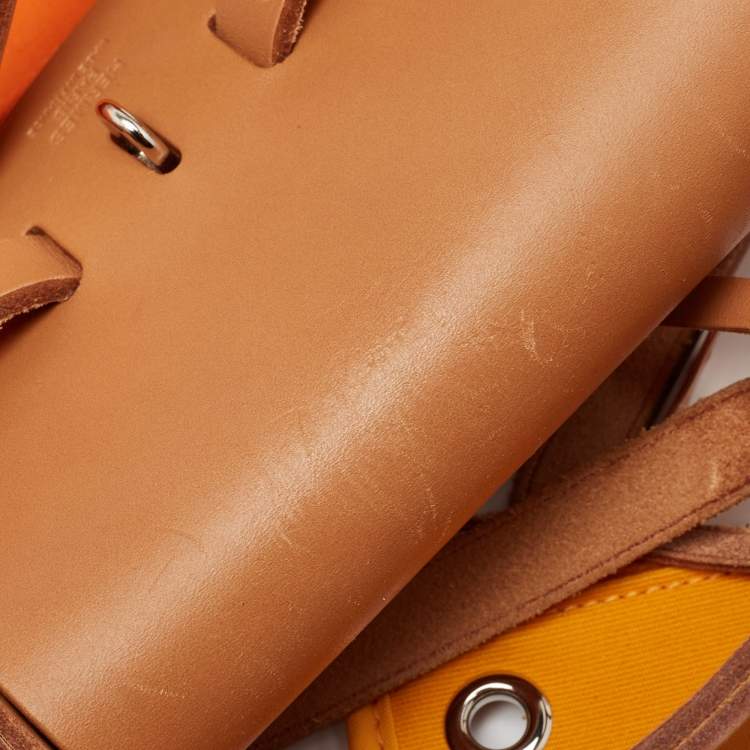 Pre Owned Hermes Orange/Natural Toile and Vache Hunter Leather Herbag Zip 39 Bag