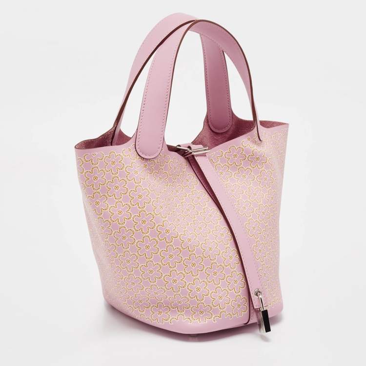 Pre Owned Hermes Rose/Chai/Blanc Swift Leather Lucky Daisy Picotin Lock 18 Bag