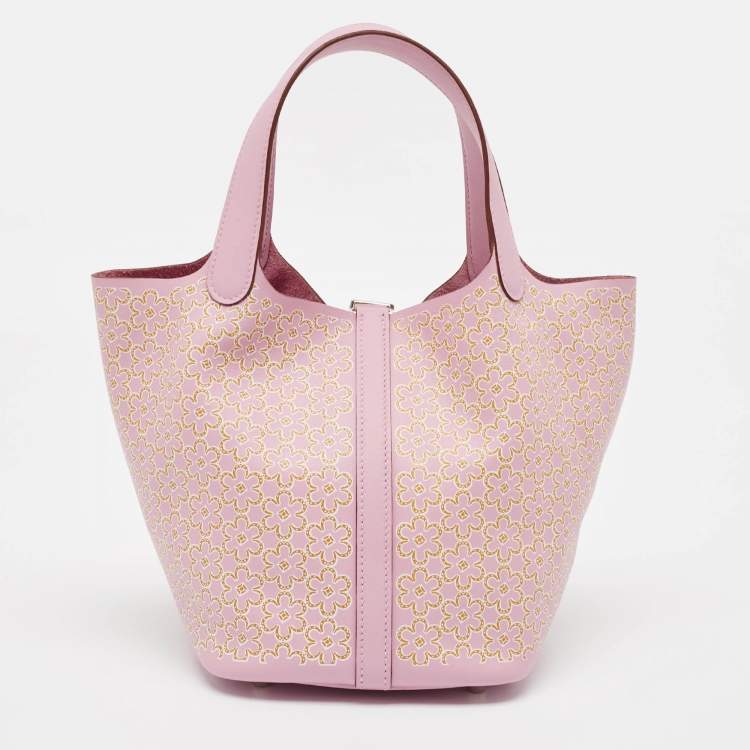 Pre Owned Hermes Rose/Chai/Blanc Swift Leather Lucky Daisy Picotin Lock 18 Bag