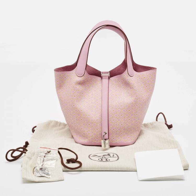 Pre Owned Hermes Rose/Chai/Blanc Swift Leather Lucky Daisy Picotin Lock 18 Bag