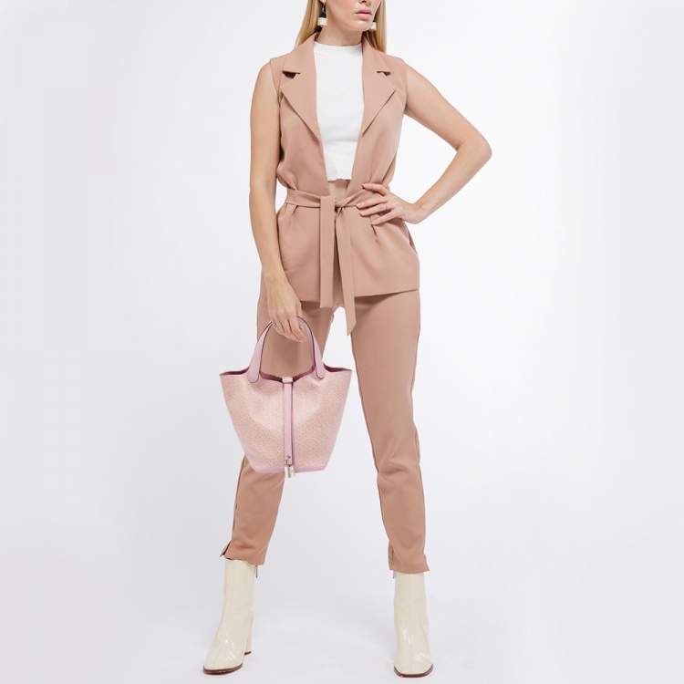 Pre Owned Hermes Rose/Chai/Blanc Swift Leather Lucky Daisy Picotin Lock 18 Bag