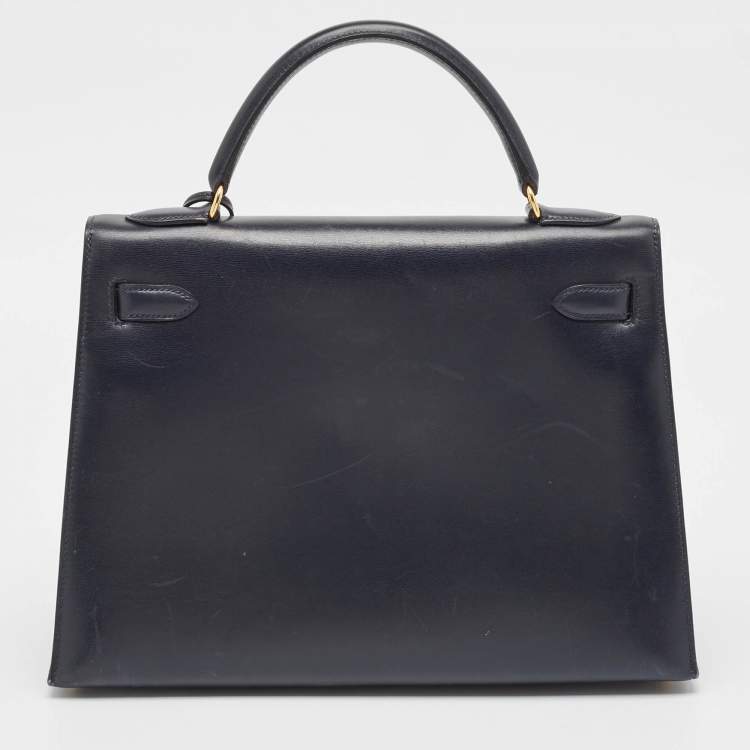 Pre Owned Hermes Bleu Marine Box Leather Gold Finish Kelly Sellier 32 Bag