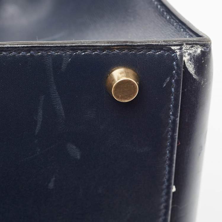 Pre Owned Hermes Bleu Marine Box Leather Gold Finish Kelly Sellier 32 Bag
