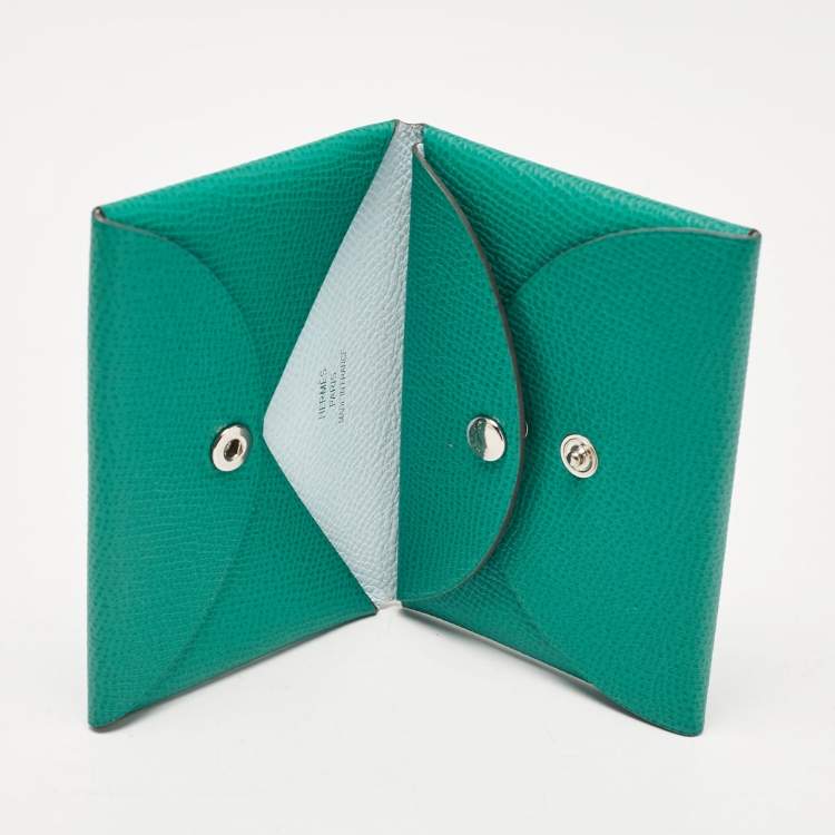 Pre Owned Hermes Menthe/Bleu Brume Epsom Leather Calvi Duo Card Holder