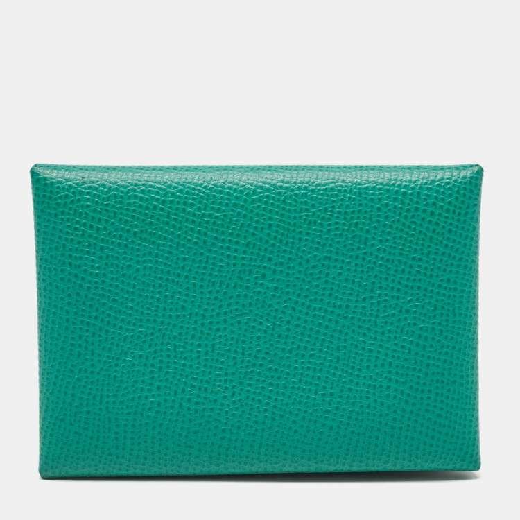 Pre Owned Hermes Menthe/Bleu Brume Epsom Leather Calvi Duo Card Holder
