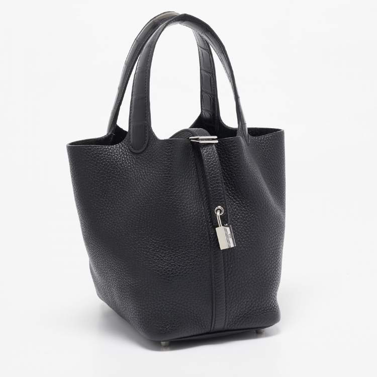 Pre Owned Hermes Noir Taurillon Clemence Leather and Alligator Touch Picotin Lock 18 Bag