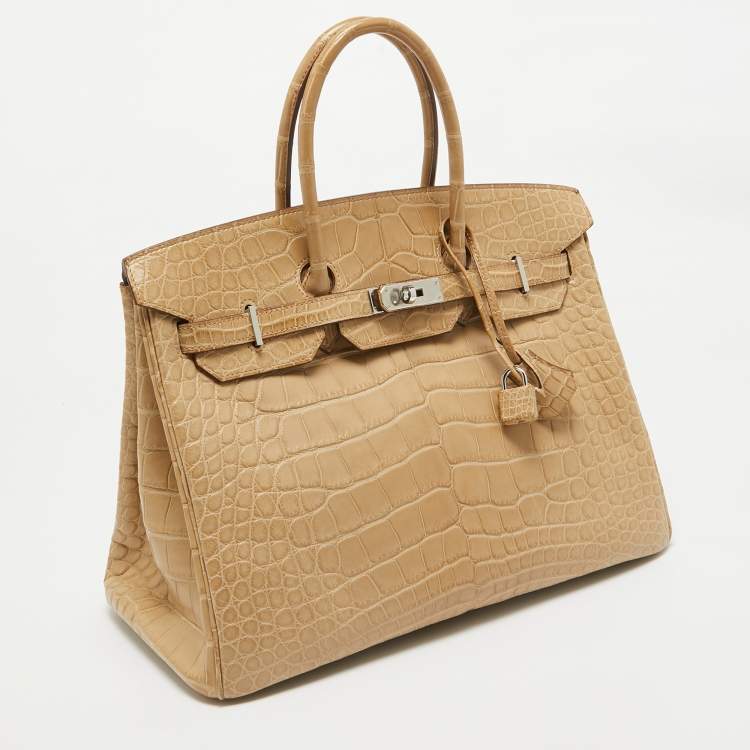 Pre Owned Hermes Poussiere Matte Alligator Palladium Finish Birkin 35 Bag