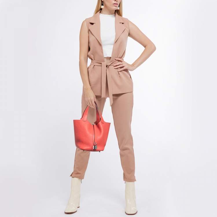 Pre Owned Hermes Rouge Pivoine Taurillon Clemence Leather Picotin Lock 18 Bag