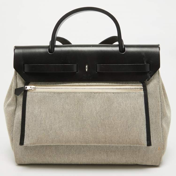 Pre Owned Hermes Ecru/Noir/ Bleu Indigo Toile H and Vache Hunter Pegase Pop Herbag Zip 31 Bag