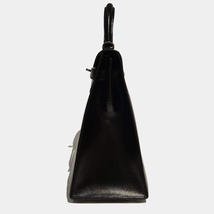 Pre Owned Hermes Black Box Leather Kelly 32 PHW Bag