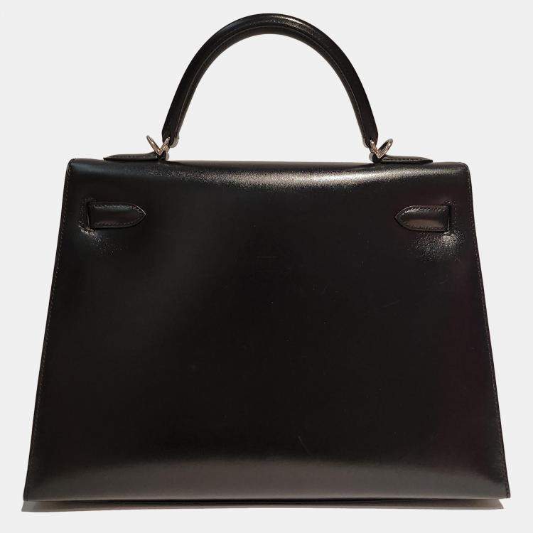 Pre Owned Hermes Black Box Leather Kelly 32 PHW Bag