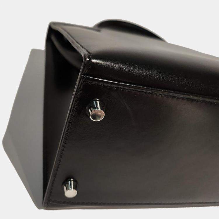 Pre Owned Hermes Black Box Leather Kelly 32 PHW Bag