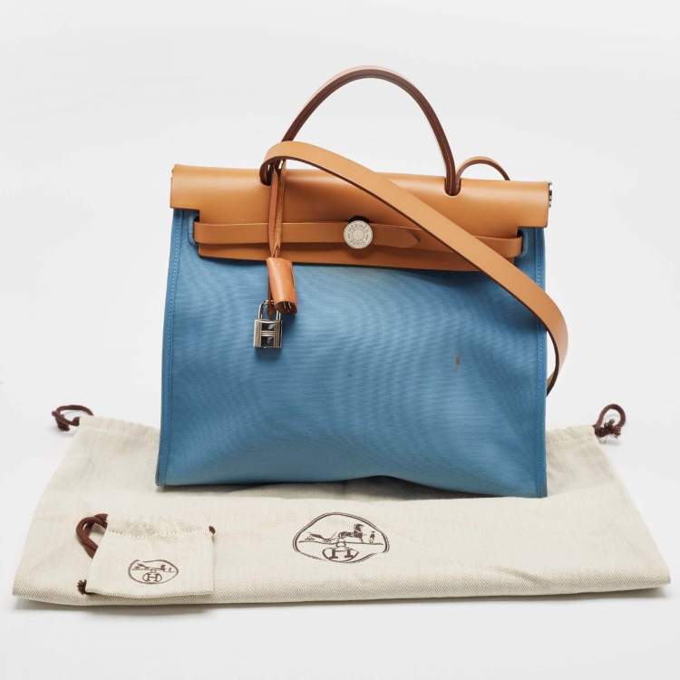 Pre Owned Hermes Bleu Izmir/Natural Toile and Vache Hunter Herbag Zip 31 Bag