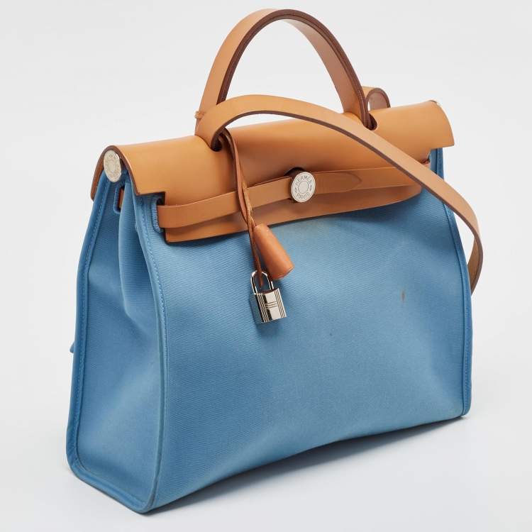 Pre Owned Hermes Bleu Izmir/Natural Toile and Vache Hunter Herbag Zip 31 Bag