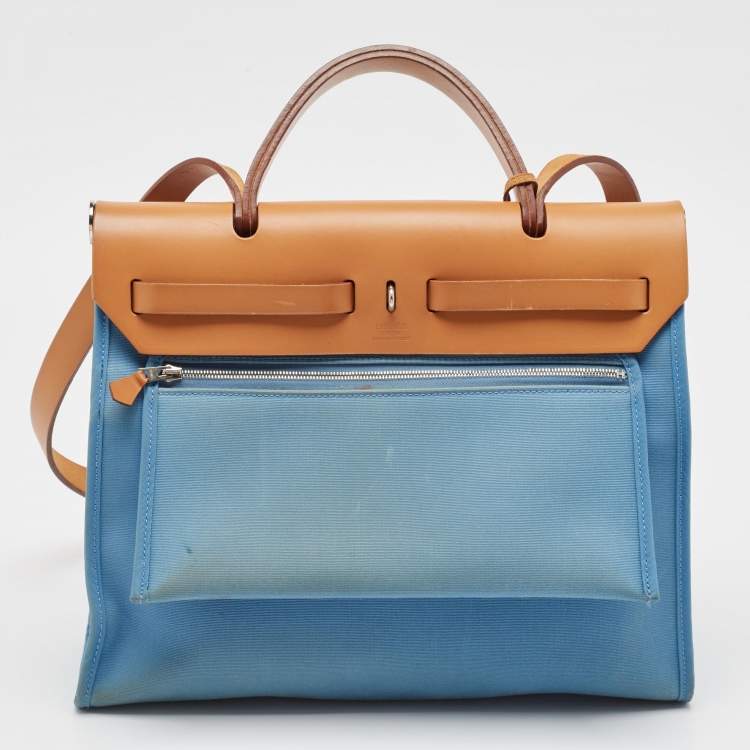 Pre Owned Hermes Bleu Izmir/Natural Toile and Vache Hunter Herbag Zip 31 Bag