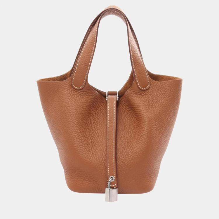 Hermes Brown Taurillon Clemence Picotin Lock PM Gold Handbag