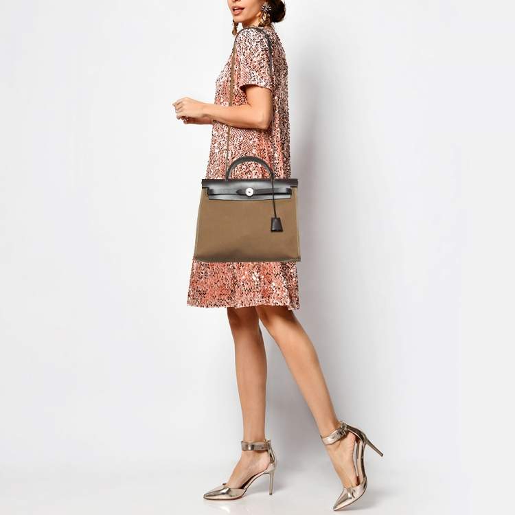 Pre Owned Hermes Etoupe Grey/Cafe Canvas and Leather Herbag Zip 31 Bag