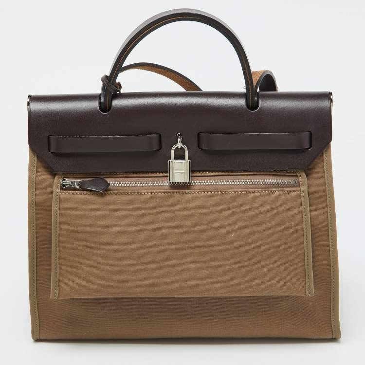 Pre Owned Hermes Etoupe Grey/Cafe Canvas and Leather Herbag Zip 31 Bag