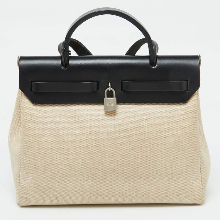Pre Owned Hermès Beige/Black Toile and Vache Hunter 2in1 Herbag Zip 31 Bag