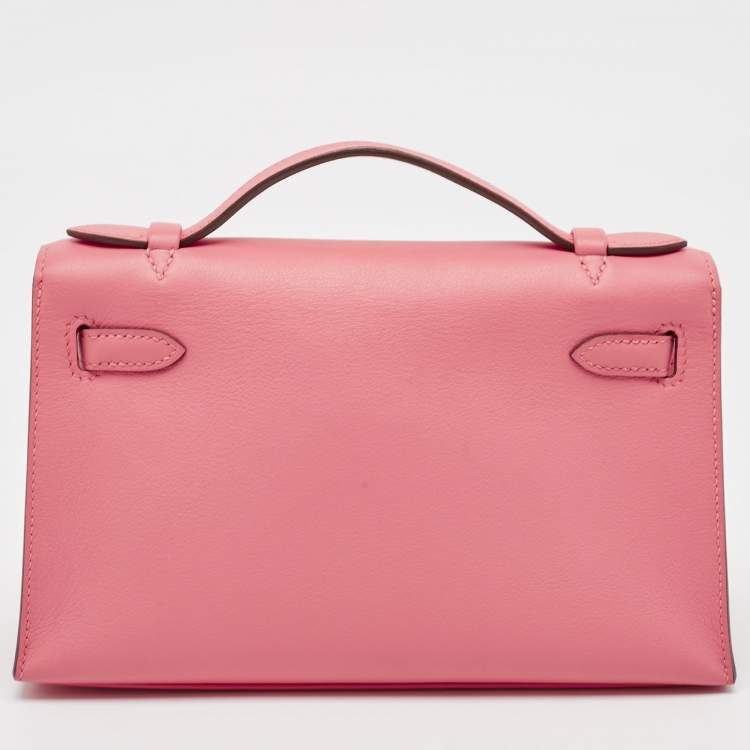 Pre Owned Hermes Rose Azalee Swift Leather Gold Finish Kelly Pochette