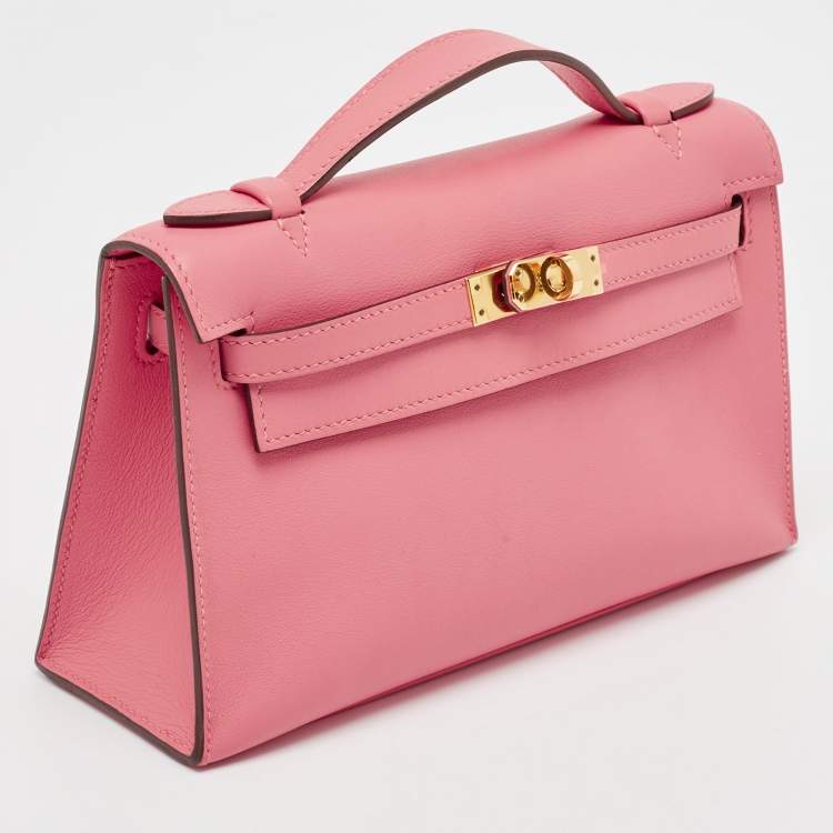 Pre Owned Hermes Rose Azalee Swift Leather Gold Finish Kelly Pochette