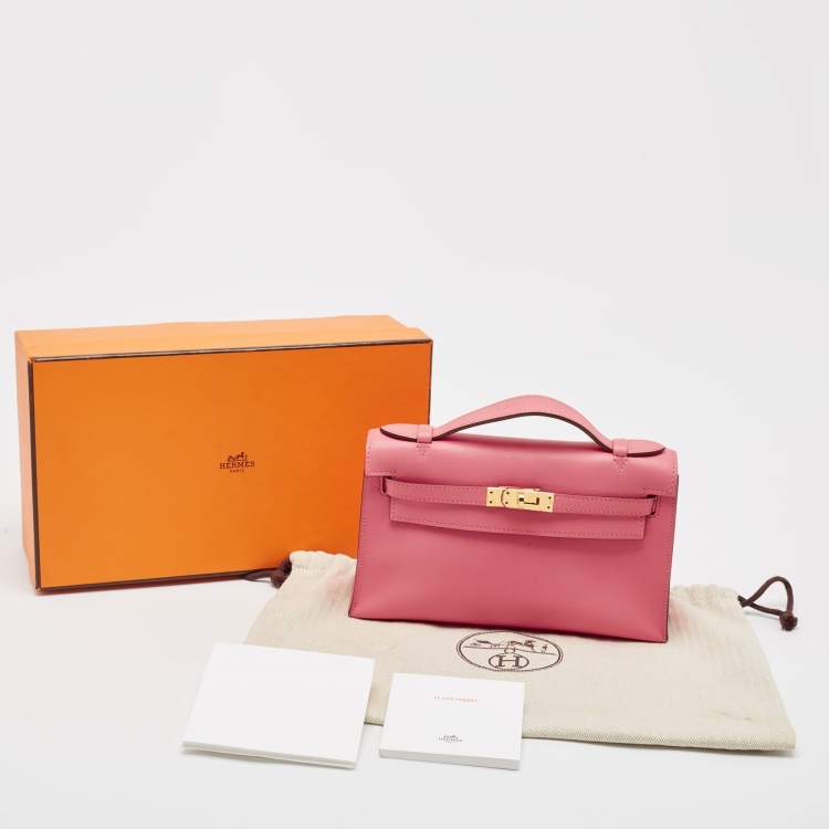 Pre Owned Hermes Rose Azalee Swift Leather Gold Finish Kelly Pochette