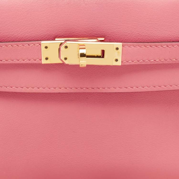 Pre Owned Hermes Rose Azalee Swift Leather Gold Finish Kelly Pochette