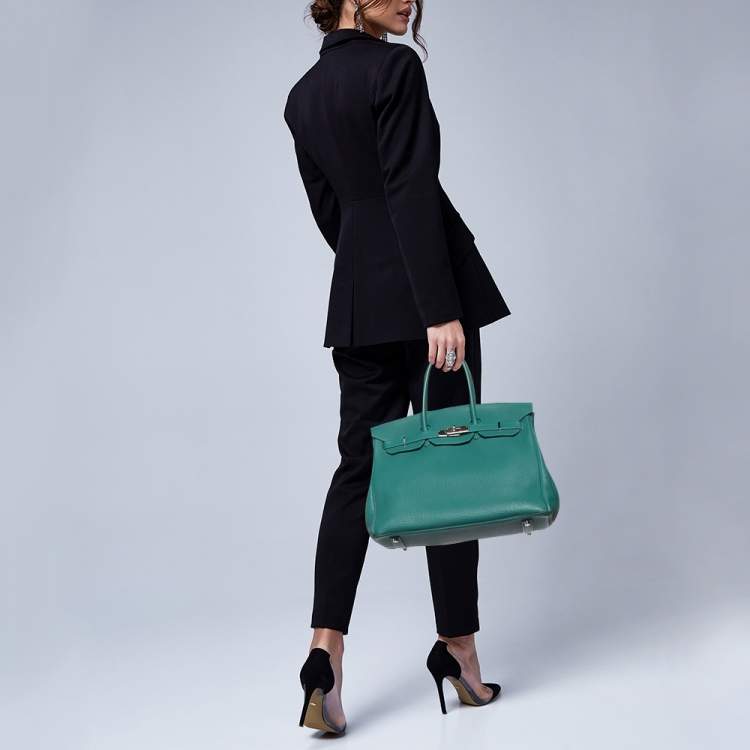 Pre Owned Hermes Malachite Taurillon Togo Leather Palladium Finish Birkin 35 Bag