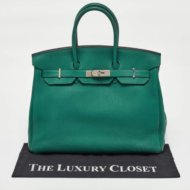 Pre Owned Hermes Malachite Taurillon Togo Leather Palladium Finish Birkin 35 Bag