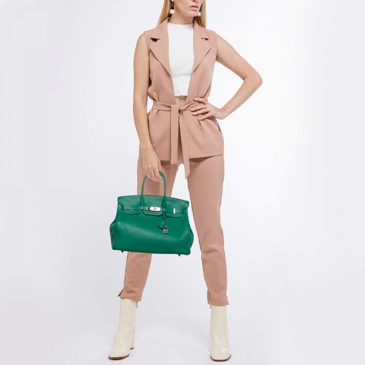 Pre Owned Hermes Vert Vertigo/Vert Fonce Taurillon Clemence Palladium Finish Birkin 35 Bag