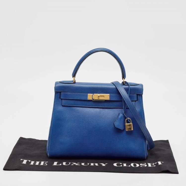 Pre Owned Hermes Bleu Courchevel Leather Gold Finish Kelly Retourne 28 Bag