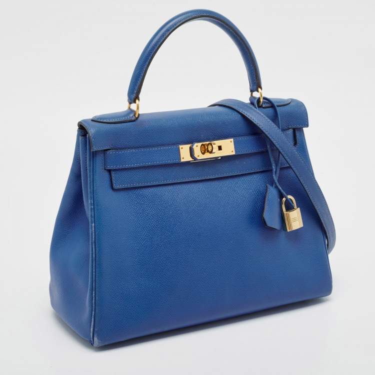Pre Owned Hermes Bleu Courchevel Leather Gold Finish Kelly Retourne 28 Bag