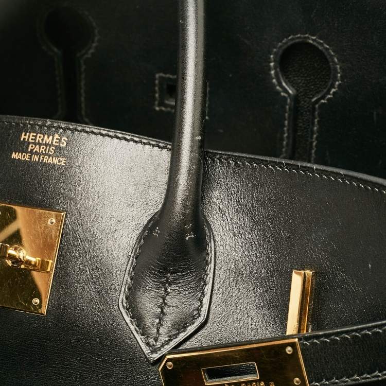 Pre Owned Hermes Noir Box Leather Gold Finish Birkin 35 Bag