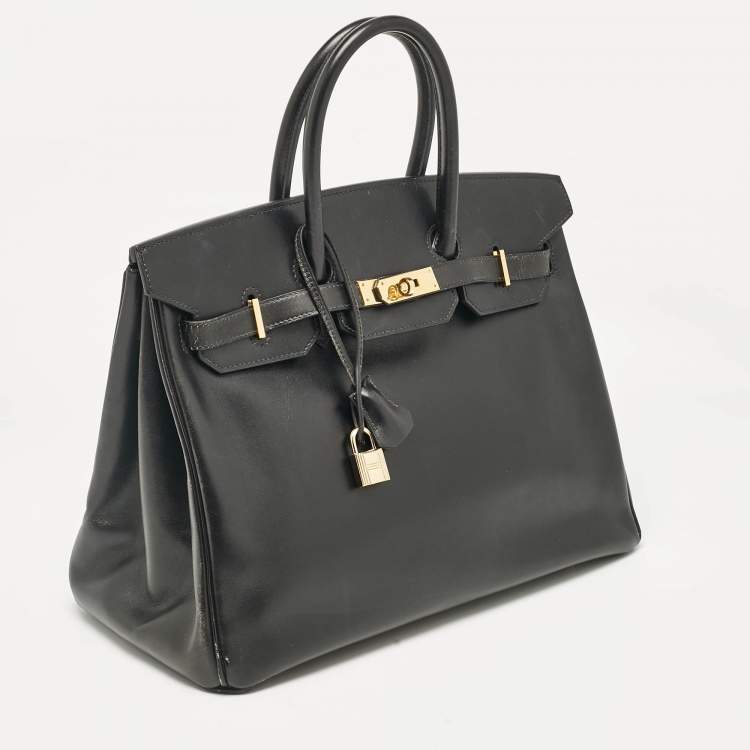 Pre Owned Hermes Noir Box Leather Gold Finish Birkin 35 Bag