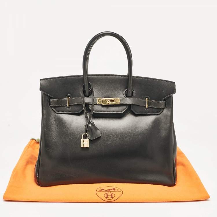 Pre Owned Hermes Noir Box Leather Gold Finish Birkin 35 Bag