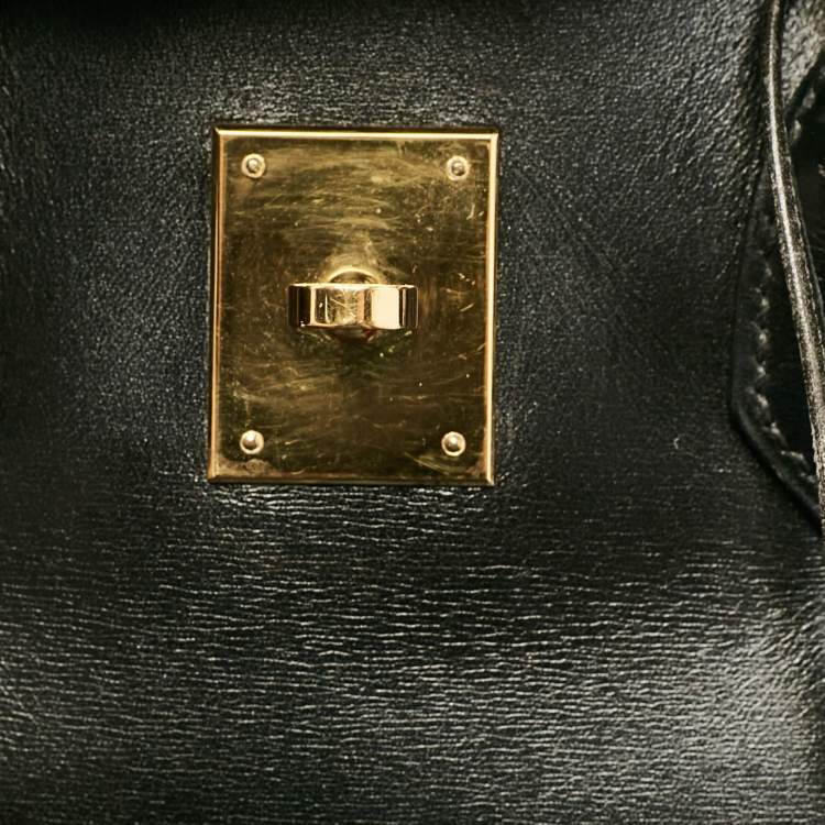 Pre Owned Hermes Noir Box Leather Gold Finish Birkin 35 Bag